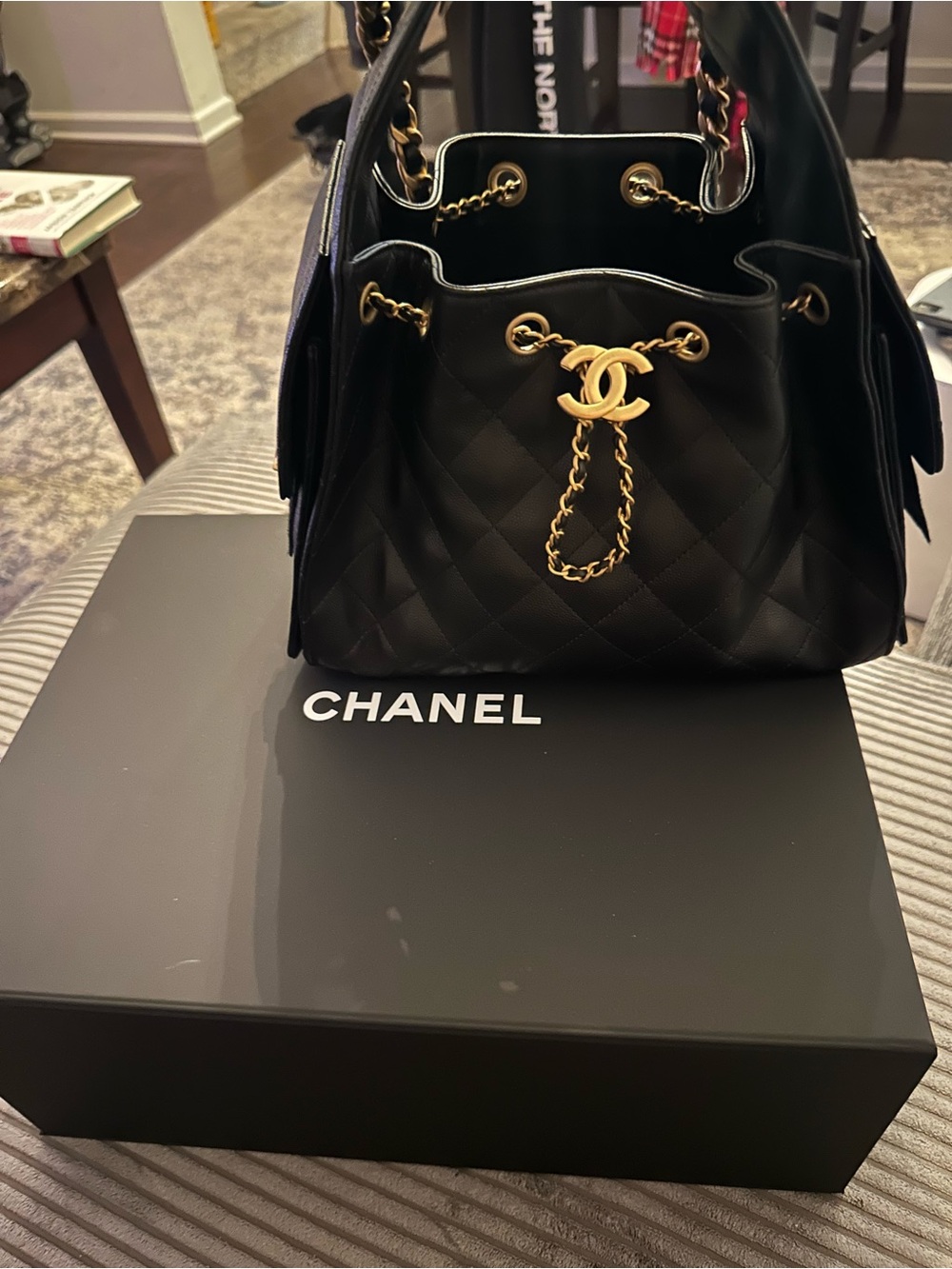 CHANEL 25  Small Black Quilted Drawstring Shoulder Bag with Gold CC Hardware